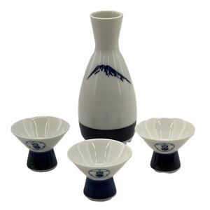 Vintage Japan Shirayuki Sake Set Blue & White Porcelain Carafe & 3 Cups Set